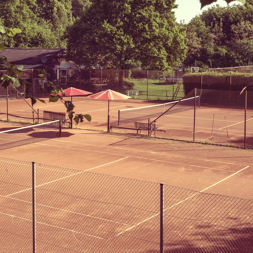 Ausblick auf einen Tennisplatz, daneben und dahinter liegen grüne Flächen